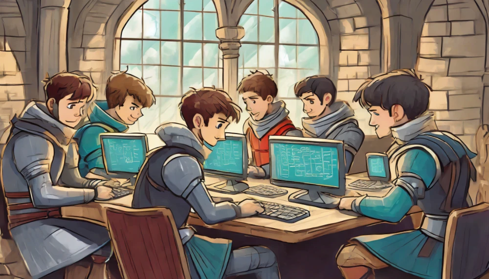 Knights coding in a sun-dappled castle.
